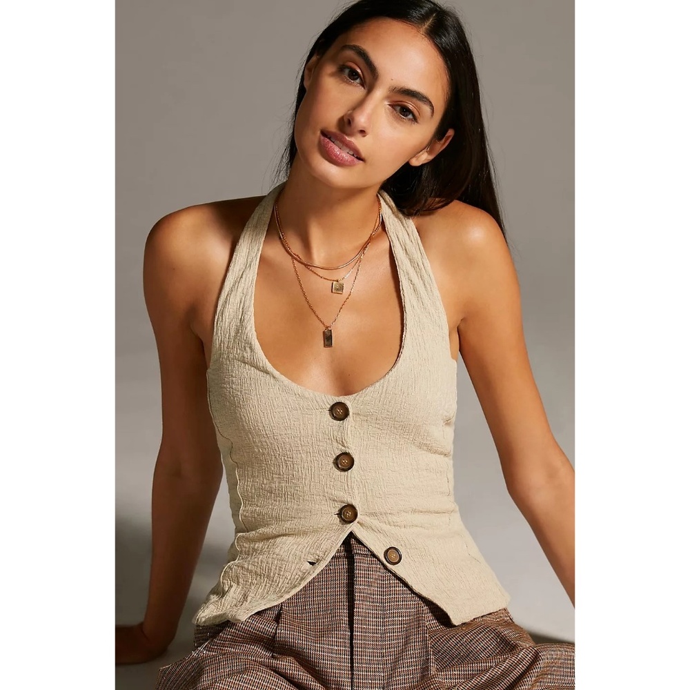 Anthropologie Beige Halter Button-Front Textured Tank